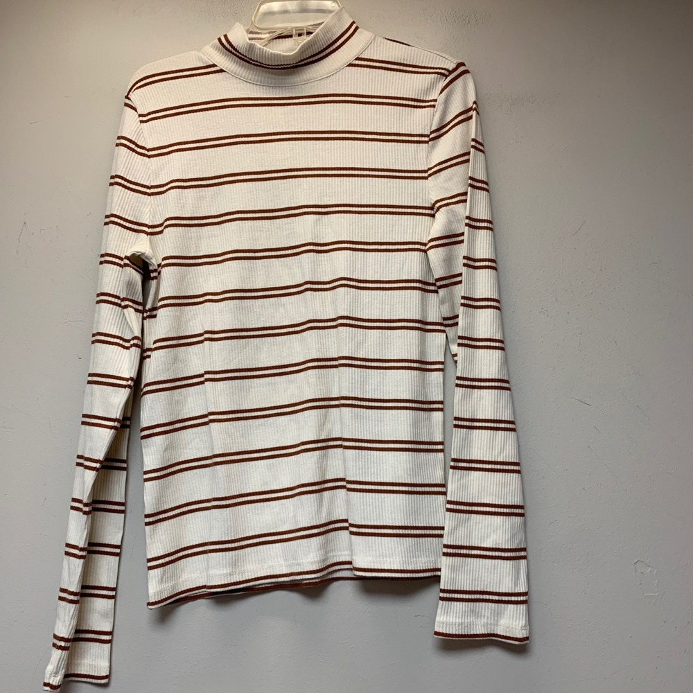 Talbots Mock Neck Top Womens Large Ivory Brown NEW Striped Ribbed Knit 57334912